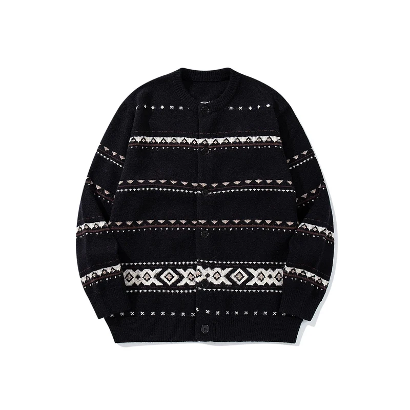 Unisex Strukturierte Jacquard-Strickjacke mit Rundhalsausschnitt, Oversize-Passform und Knopfleiste Nord Taschen