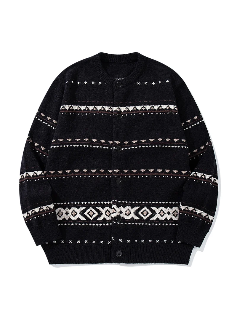 Unisex Strukturierte Jacquard-Strickjacke mit Rundhalsausschnitt, Oversize-Passform und Knopfleiste Nord Taschen