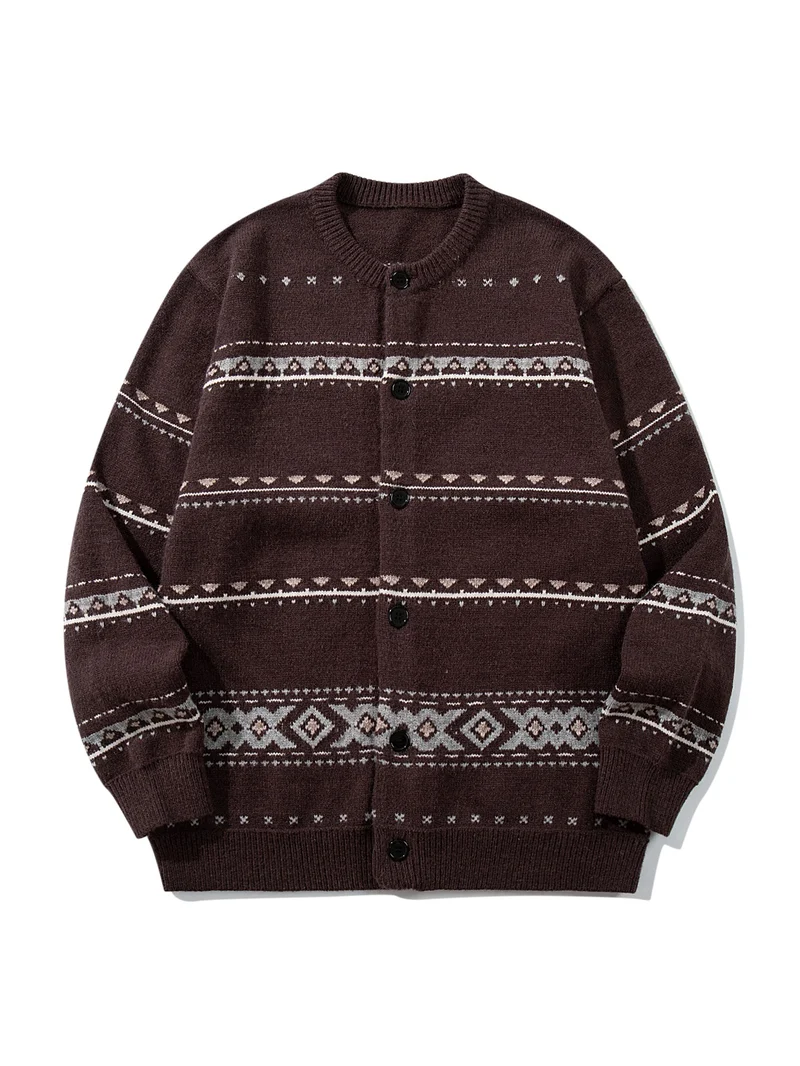 Unisex Strukturierte Jacquard-Strickjacke mit Rundhalsausschnitt, Oversize-Passform und Knopfleiste Nord Taschen