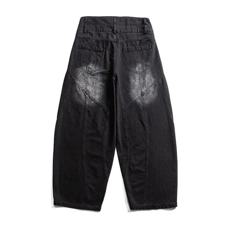Damen hochtaillierte Ballon-Jeans mit Ziernähten und elastischem Saum Nord Taschen