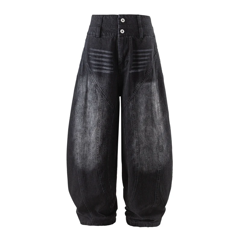 Damen hochtaillierte Ballon-Jeans mit Ziernähten und elastischem Saum Nord Taschen
