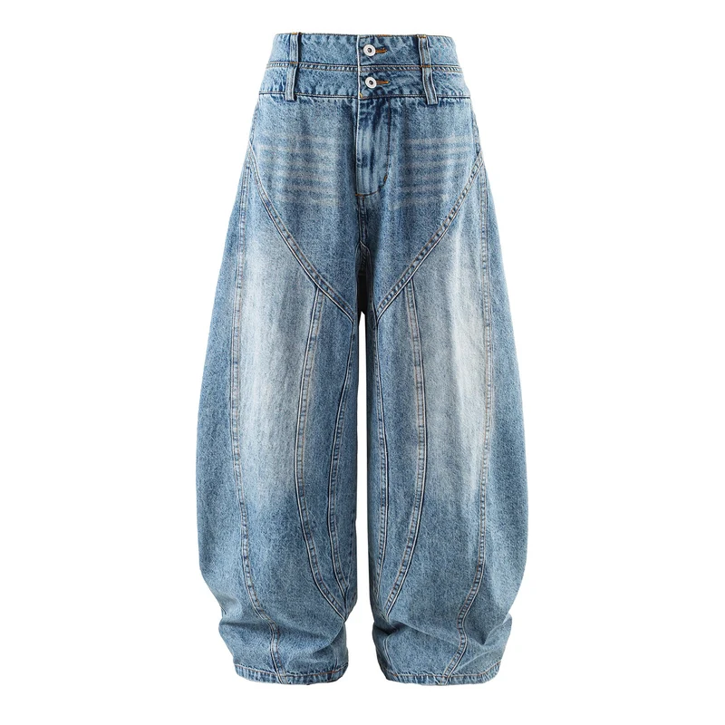 Damen hochtaillierte Ballon-Jeans mit Ziernähten und elastischem Saum Nord Taschen