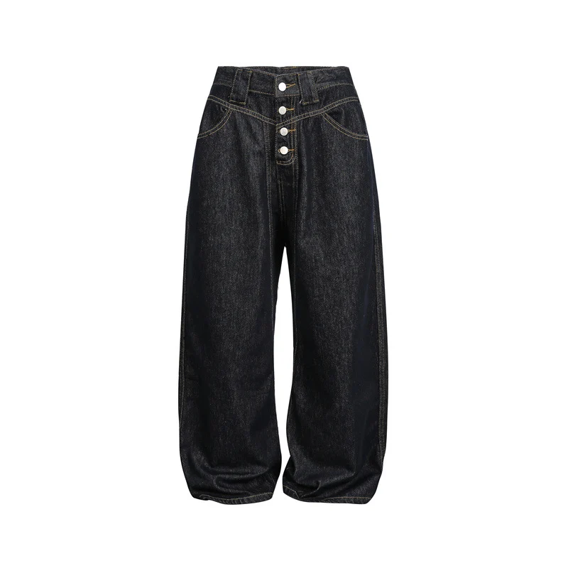Damen hochtaillierte Baggy-Jeans in Ballonform mit sichtbarer Knopfleiste und markanten Nähten Nord Taschen