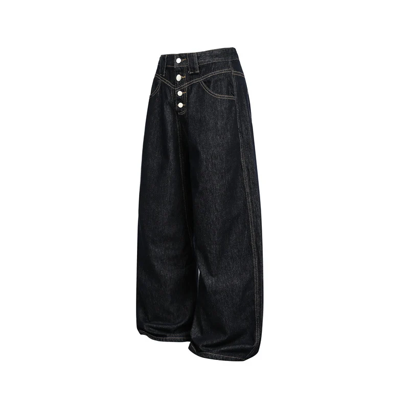 Damen hochtaillierte Baggy-Jeans in Ballonform mit sichtbarer Knopfleiste und markanten Nähten Nord Taschen