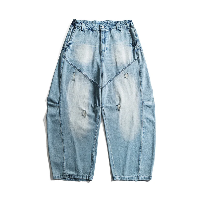Damen hochgeschnittene weite Denim‑Culotte mit Cargotaschen, Used‑Effekt und elastischem Saum Nord Taschen