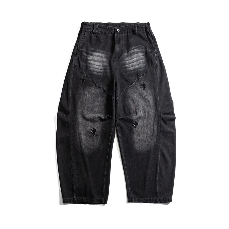 Damen hochgeschnittene weite Denim‑Culotte mit Cargotaschen, Used‑Effekt und elastischem Saum Nord Taschen