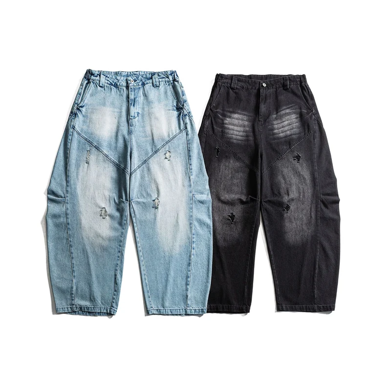 Damen hochgeschnittene weite Denim‑Culotte mit Cargotaschen, Used‑Effekt und elastischem Saum Nord Taschen