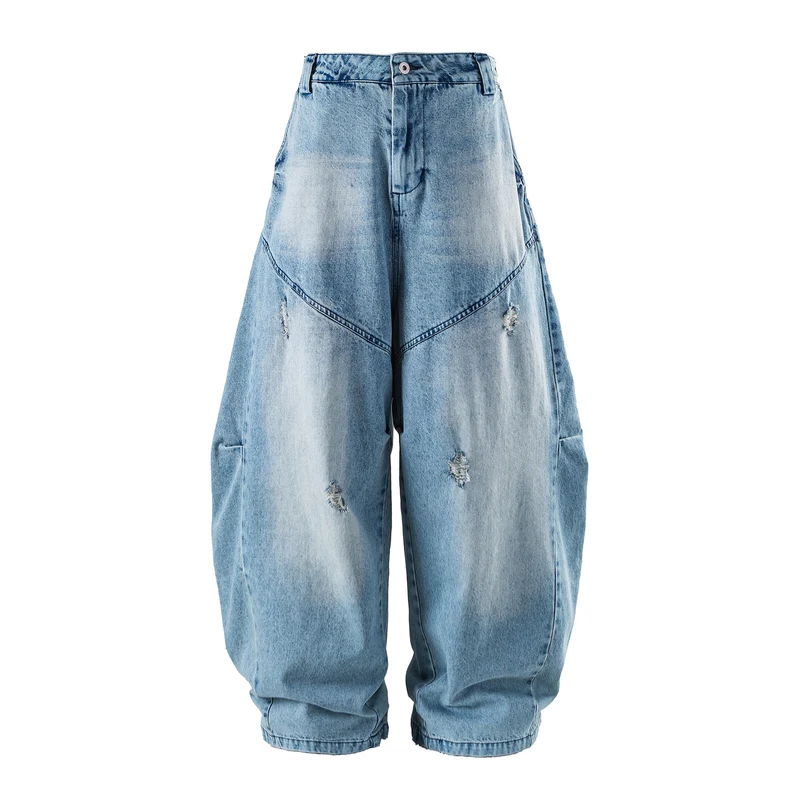 Damen hochgeschnittene weite Denim‑Culotte mit Cargotaschen, Used‑Effekt und elastischem Saum Nord Taschen