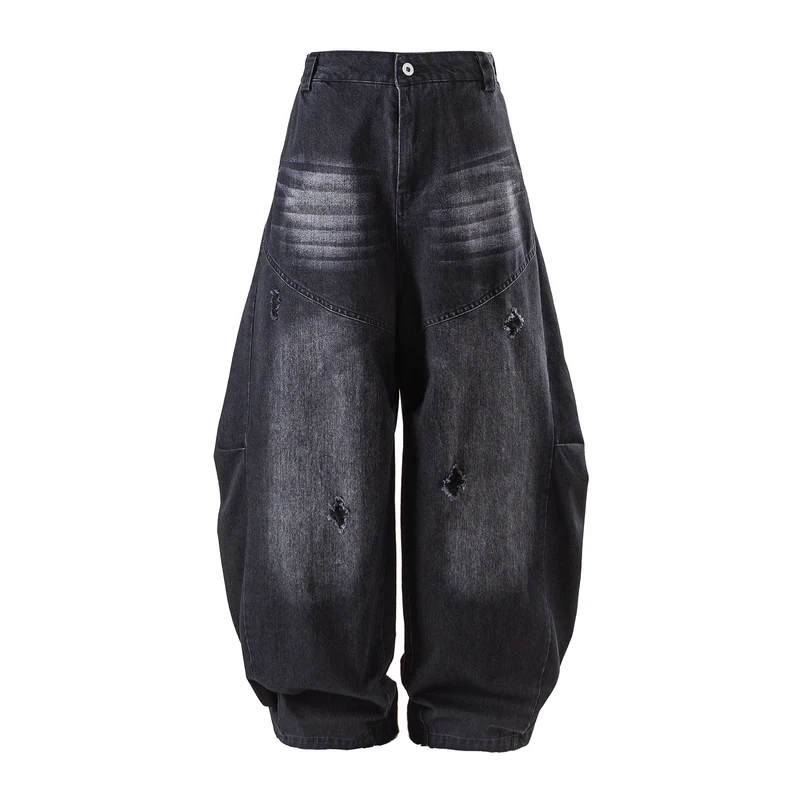 Damen hochgeschnittene weite Denim‑Culotte mit Cargotaschen, Used‑Effekt und elastischem Saum Nord Taschen