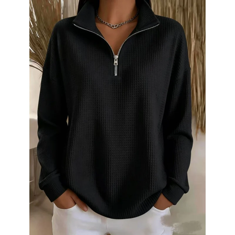 Damen Waffelstrick-Sweatshirt mit halbem Reißverschluss und Stehkragen Nord Taschen