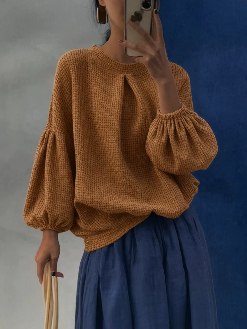 Damen Waffelstrick-Oversize-Bluse mit voluminösen Ballonärmeln Nord Taschen