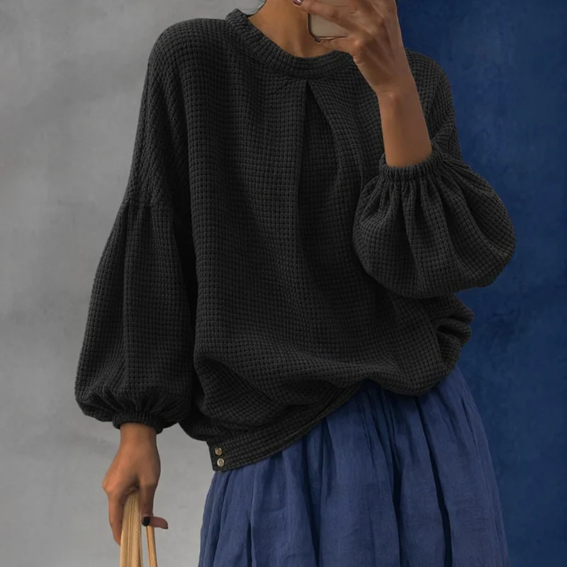 Damen Waffelstrick-Oversize-Bluse mit voluminösen Ballonärmeln Nord Taschen
