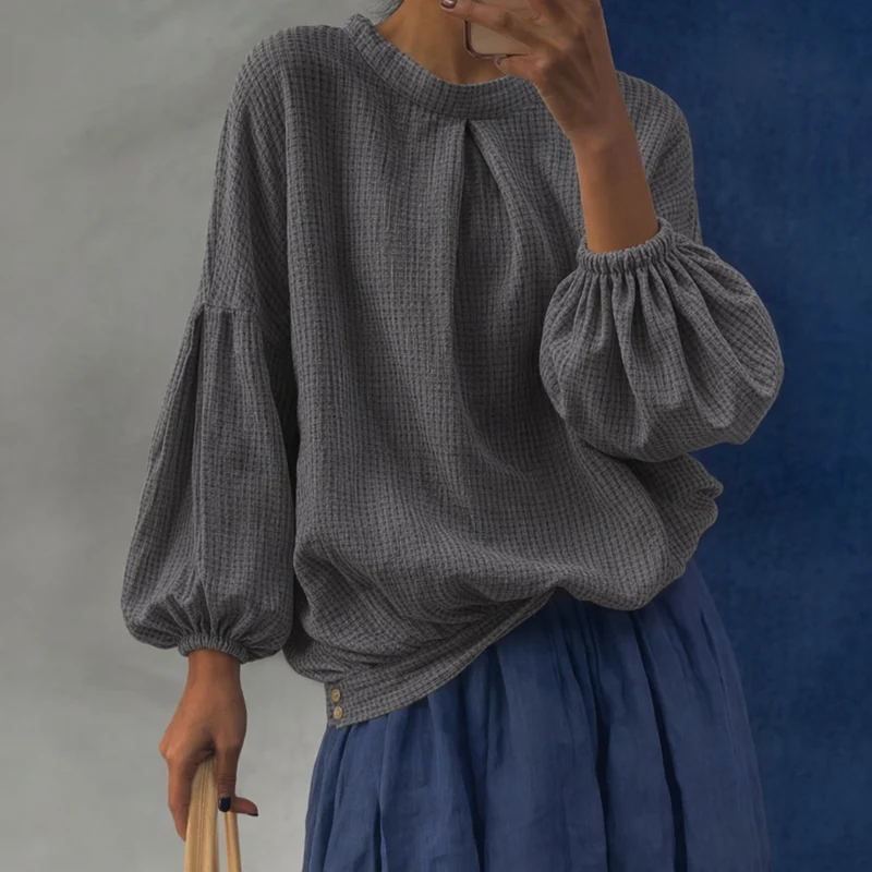 Damen Waffelstrick-Oversize-Bluse mit voluminösen Ballonärmeln Nord Taschen