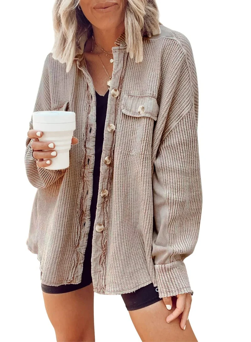 Damen Waffelstrick-Overshirt mit Knopfleiste und Brusttasche Nord Taschen