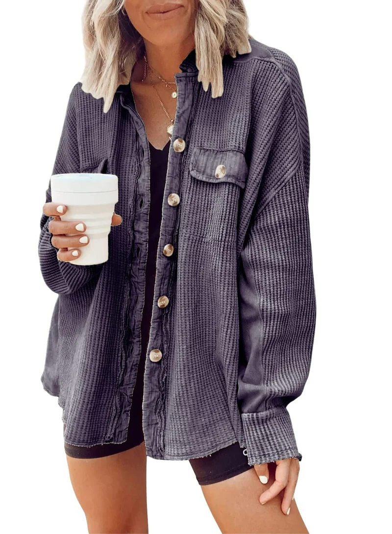 Damen Waffelstrick-Overshirt mit Knopfleiste und Brusttasche Nord Taschen