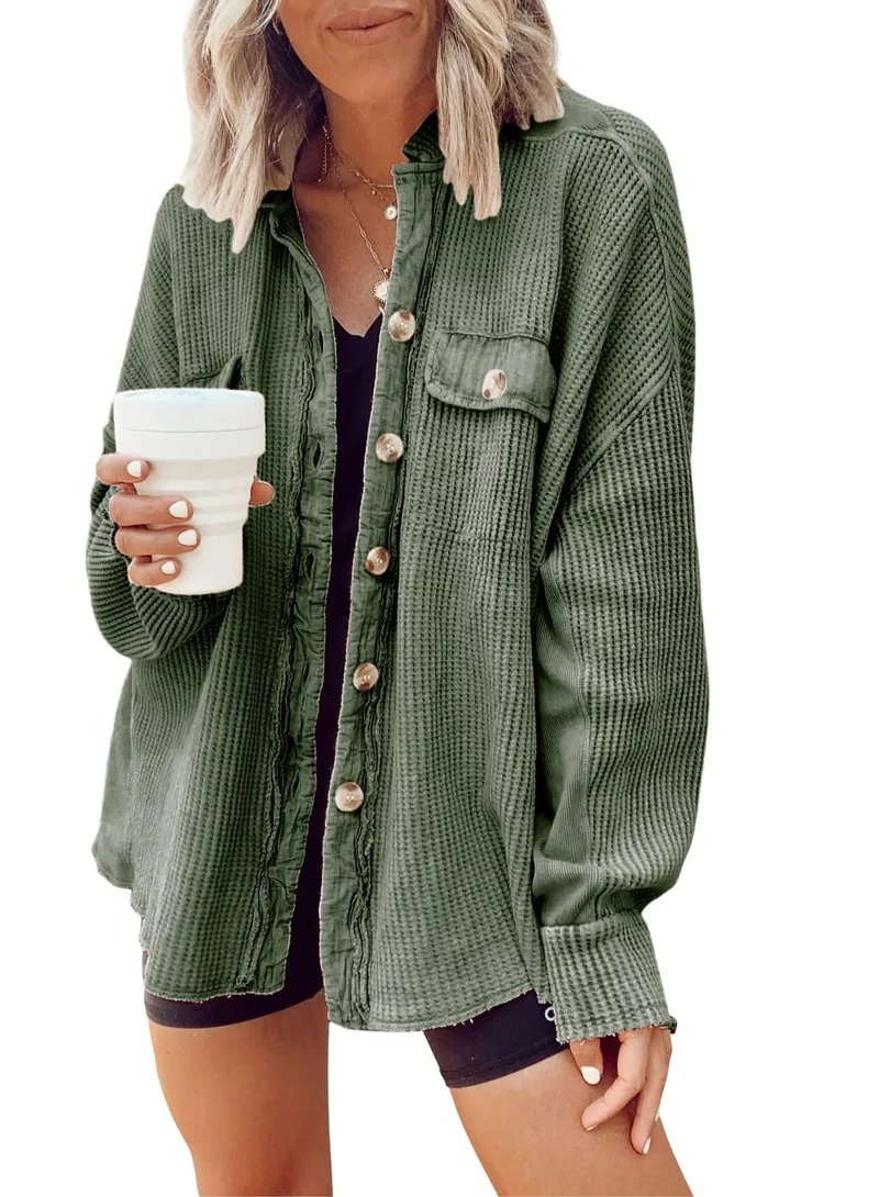 Damen Waffelstrick-Overshirt mit Knopfleiste und Brusttasche Nord Taschen