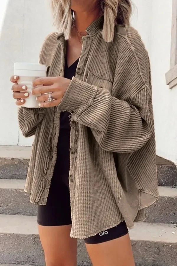 Damen Waffelstrick-Overshirt mit Knopfleiste und Brusttasche Nord Taschen