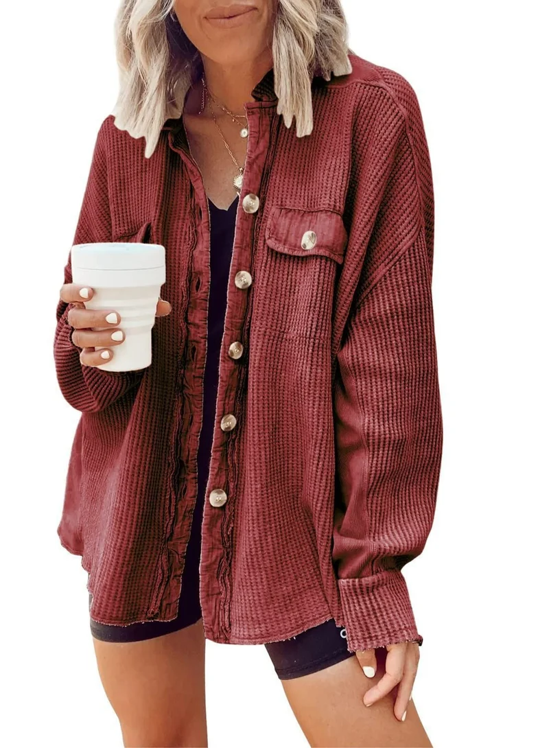 Damen Waffelstrick-Overshirt mit Knopfleiste und Brusttasche Nord Taschen