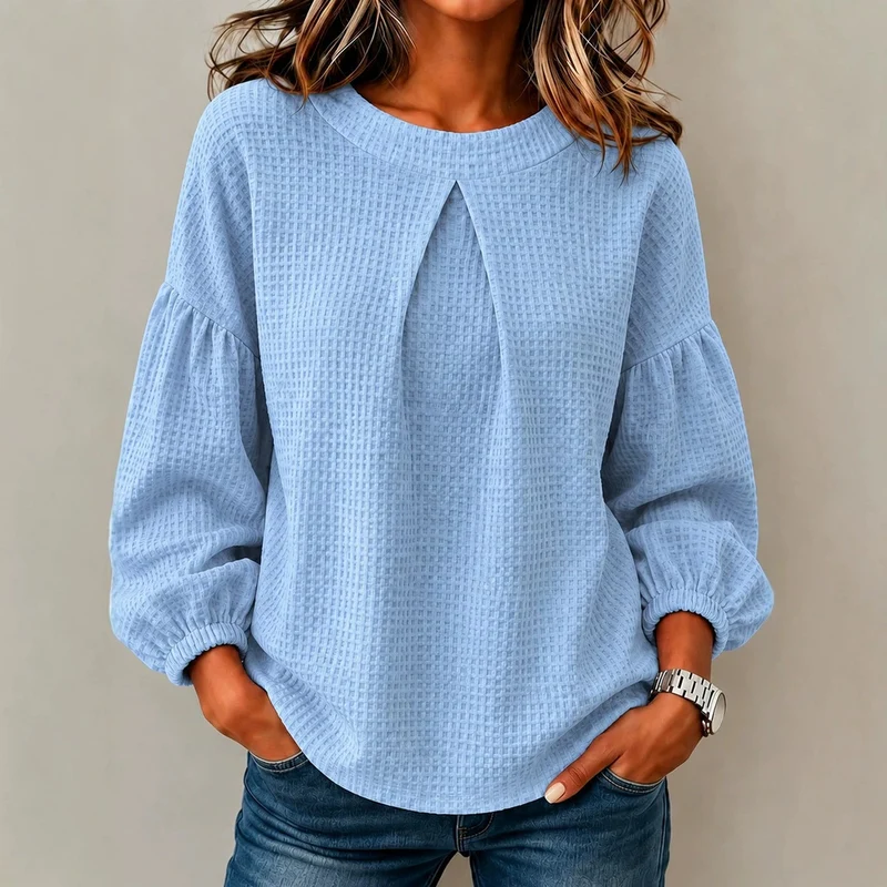 Damen Waffelstrick-Longsleeve mit Balloonärmeln und Vordernaht-Schlitz Nord Taschen