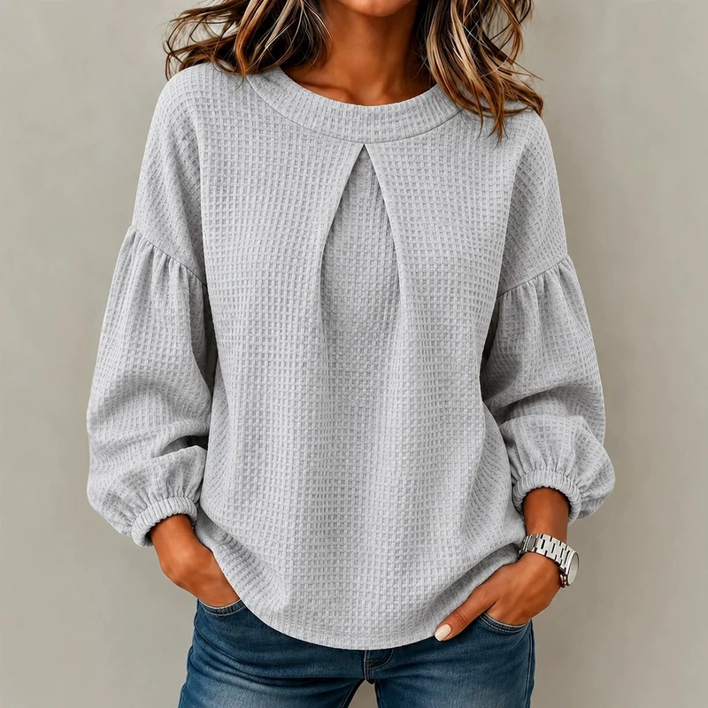 Damen Waffelstrick-Longsleeve mit Balloonärmeln und Vordernaht-Schlitz Nord Taschen