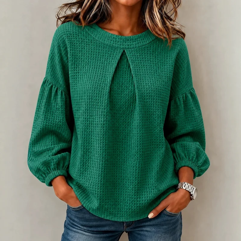 Damen Waffelstrick-Longsleeve mit Balloonärmeln und Vordernaht-Schlitz Nord Taschen