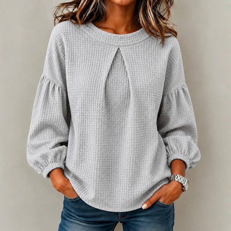 Damen Waffelstrick-Longsleeve mit Balloonärmeln und Vordernaht-Schlitz Nord Taschen