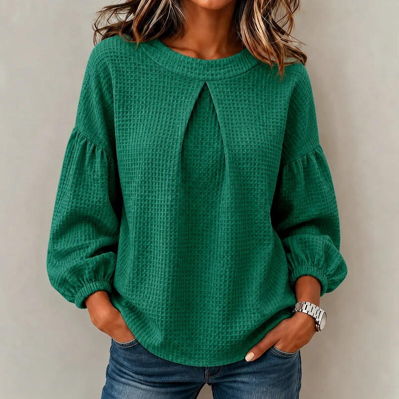 Damen Waffelstrick-Longsleeve mit Balloonärmeln und Vordernaht-Schlitz Nord Taschen