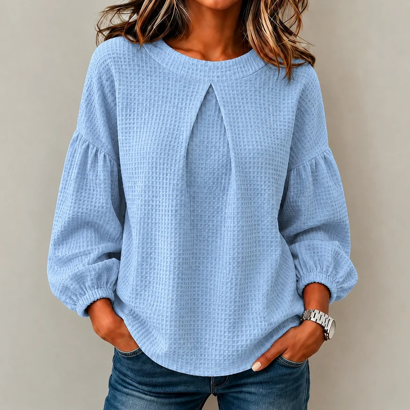 Damen Waffelstrick-Longsleeve mit Balloonärmeln und Vordernaht-Schlitz Nord Taschen