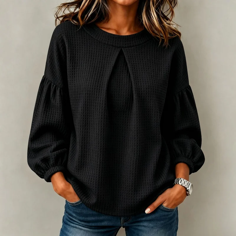 Damen Waffelstrick-Longsleeve mit Balloonärmeln und Vordernaht-Schlitz Nord Taschen