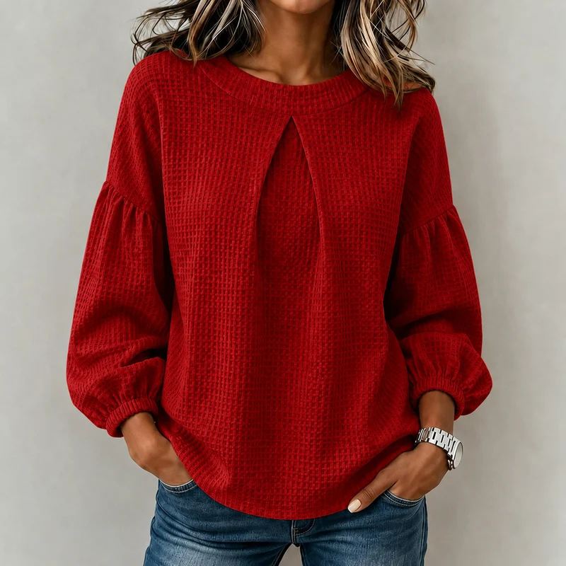 Damen Waffelstrick-Longsleeve mit Balloonärmeln und Vordernaht-Schlitz Nord Taschen