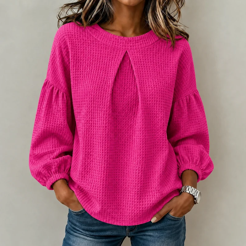 Damen Waffelstrick-Longsleeve mit Balloonärmeln und Vordernaht-Schlitz Nord Taschen