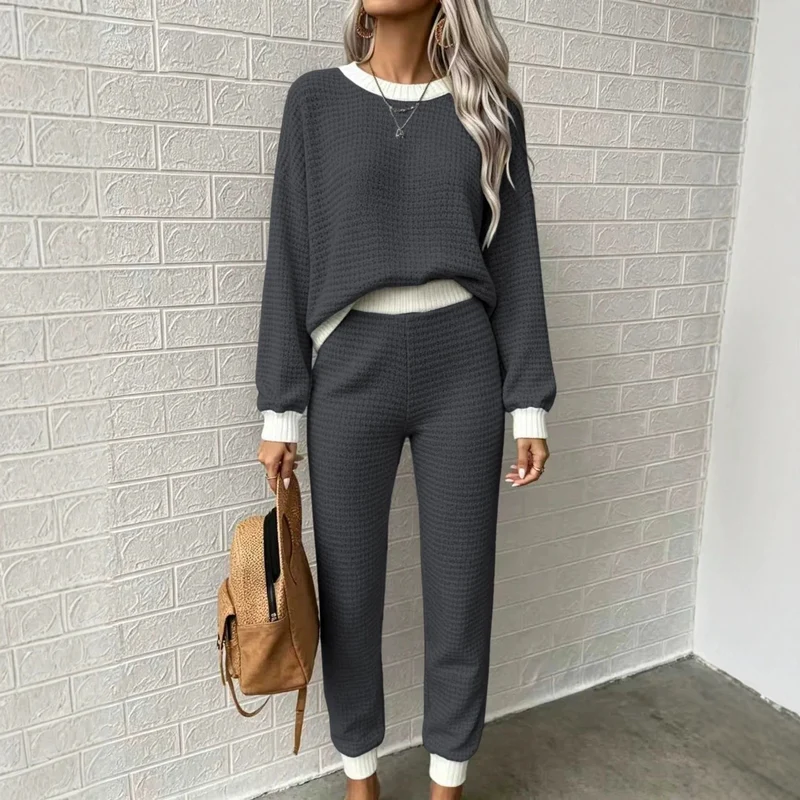 Damen Waffelstrick-Komfort-Set mit hochtaillierter Slim-Jogginghose und Oversize-Pullover Nord Taschen