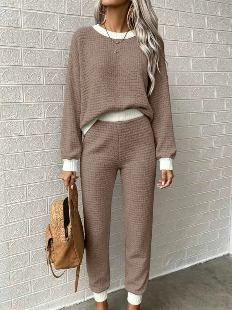 Damen Waffelstrick-Komfort-Set mit hochtaillierter Slim-Jogginghose und Oversize-Pullover Nord Taschen