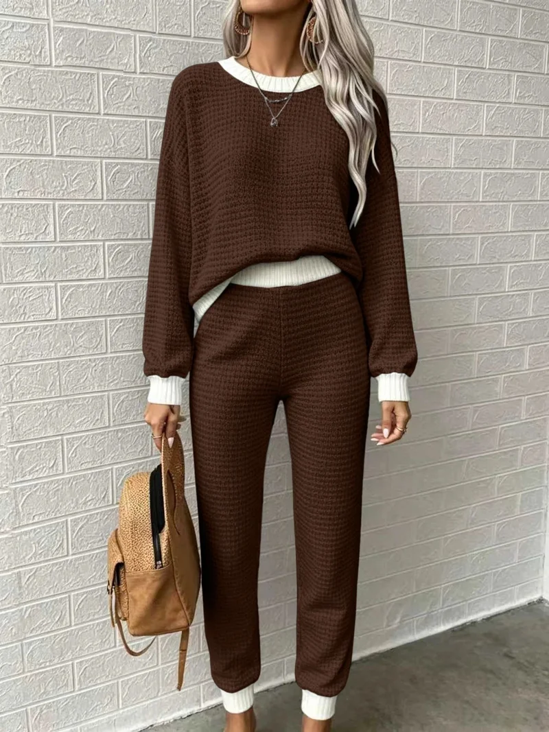 Damen Waffelstrick-Komfort-Set mit hochtaillierter Slim-Jogginghose und Oversize-Pullover Nord Taschen