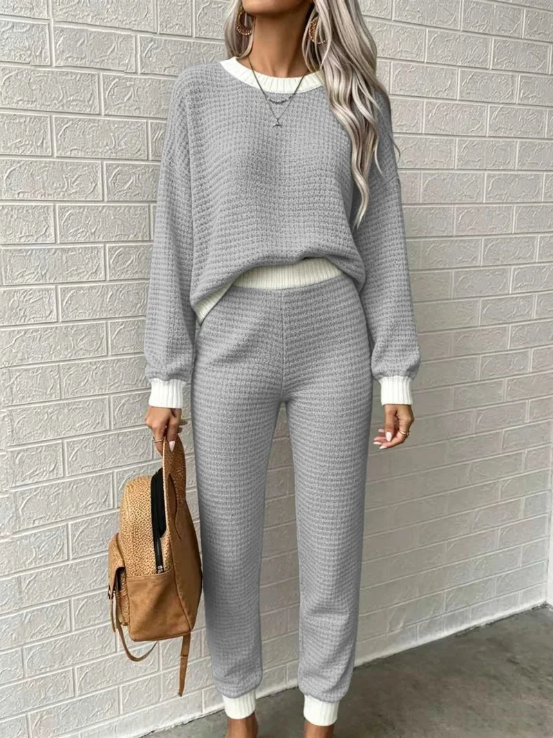 Damen Waffelstrick-Komfort-Set mit hochtaillierter Slim-Jogginghose und Oversize-Pullover Nord Taschen
