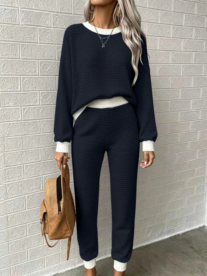 Damen Waffelstrick-Komfort-Set mit hochtaillierter Slim-Jogginghose und Oversize-Pullover Nord Taschen