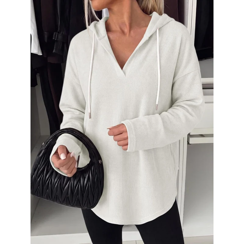 Damen Waffelstrick-Kapuzenpullover mit V-Ausschnitt, Oversize-Schnitt und Seitenschlitzen Nord Taschen