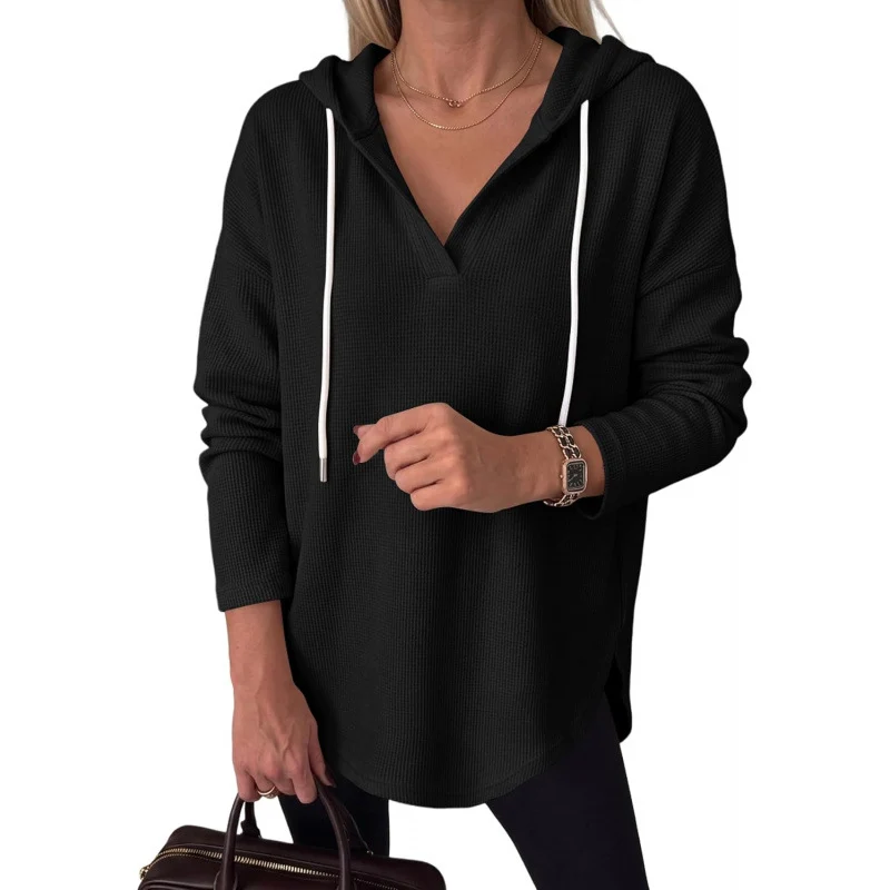 Damen Waffelstrick-Kapuzenpullover mit V-Ausschnitt, Oversize-Schnitt und Seitenschlitzen Nord Taschen