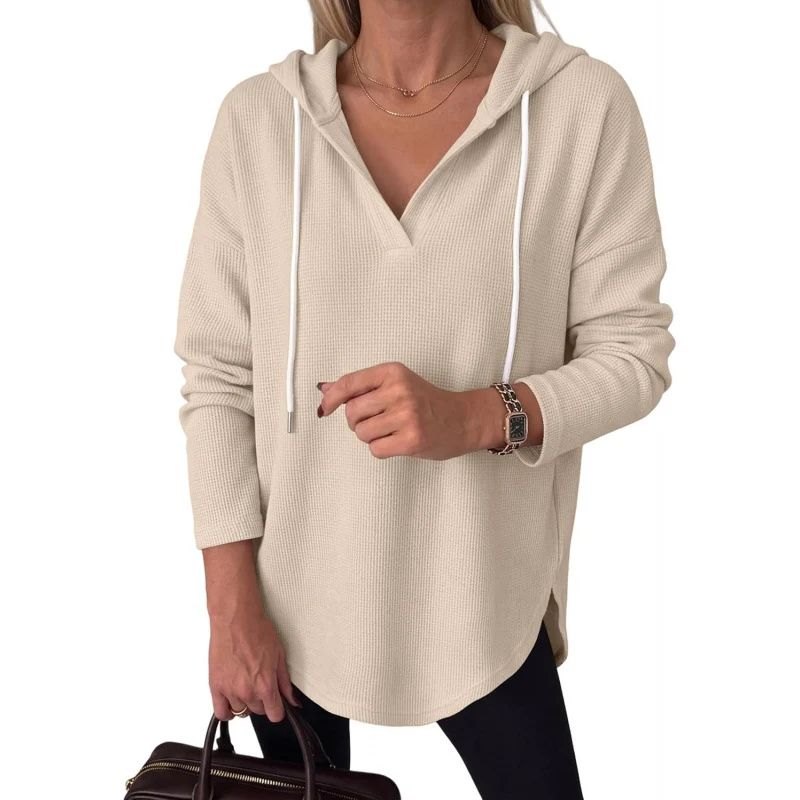 Damen Waffelstrick-Kapuzenpullover mit V-Ausschnitt, Oversize-Schnitt und Seitenschlitzen Nord Taschen