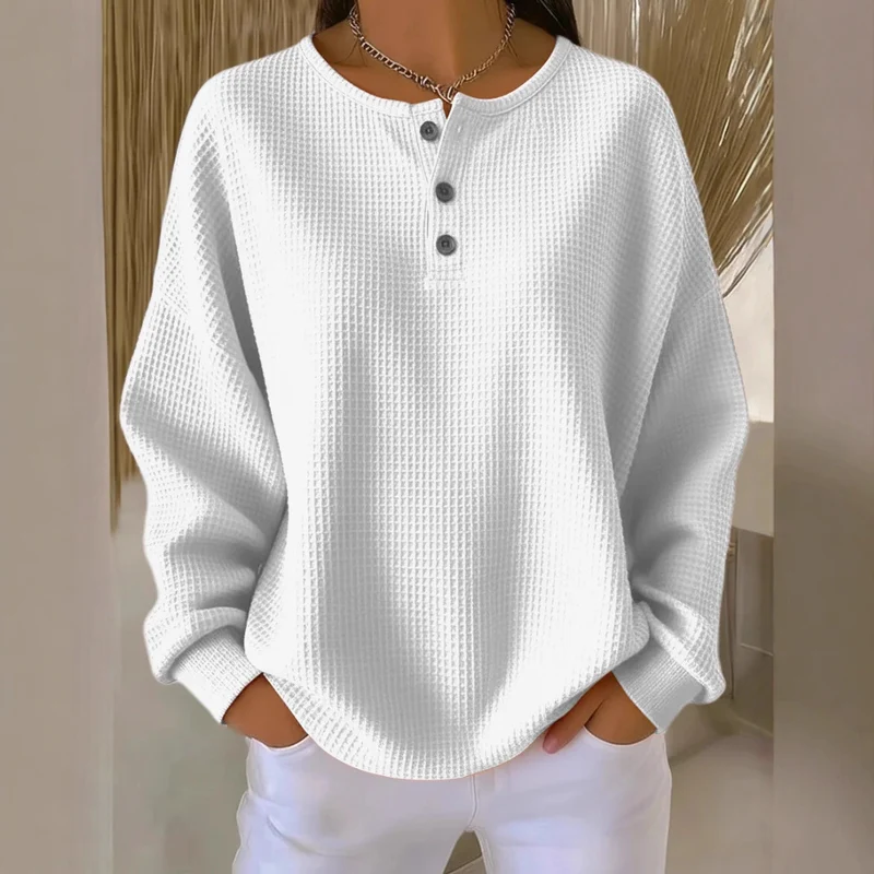 Damen Waffelstrick-Henley-Longsleeve mit Knopfleiste und Oversize-Passform Nord Taschen