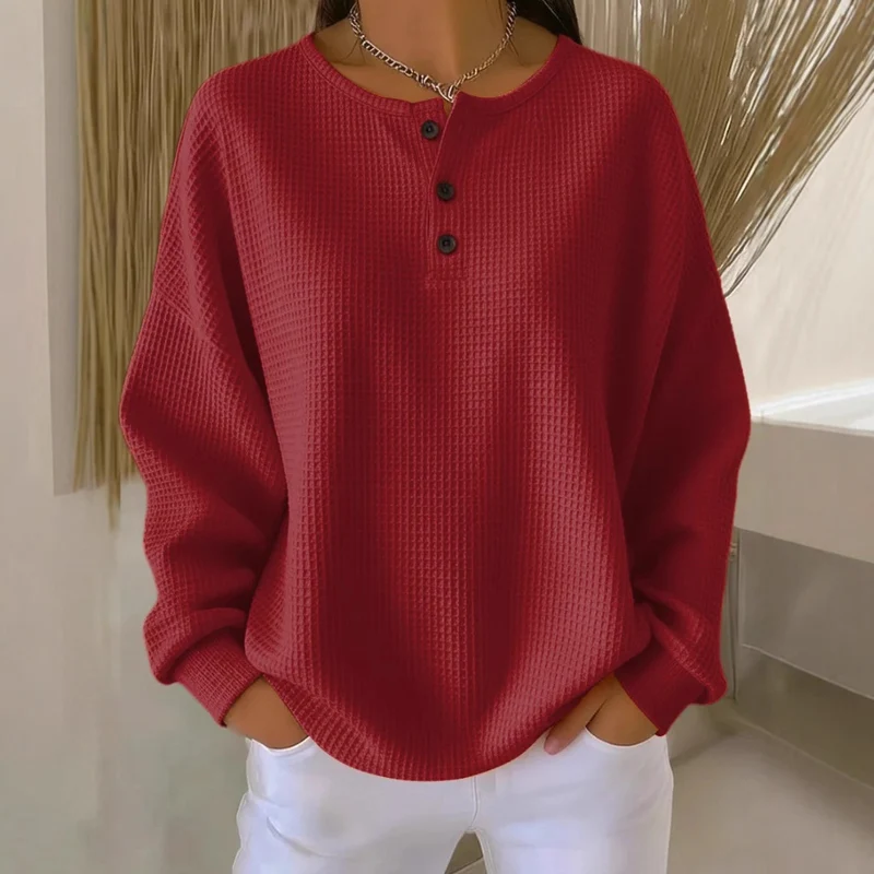 Damen Waffelstrick-Henley-Longsleeve mit Knopfleiste und Oversize-Passform Nord Taschen