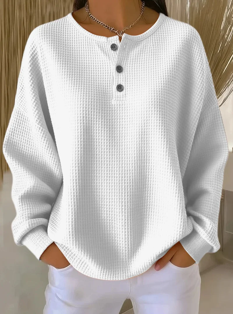Damen Waffelstrick-Henley-Longsleeve mit Knopfleiste und Oversize-Passform Nord Taschen