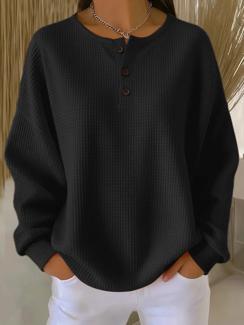 Damen Waffelstrick-Henley-Longsleeve mit Knopfleiste und Oversize-Passform Nord Taschen