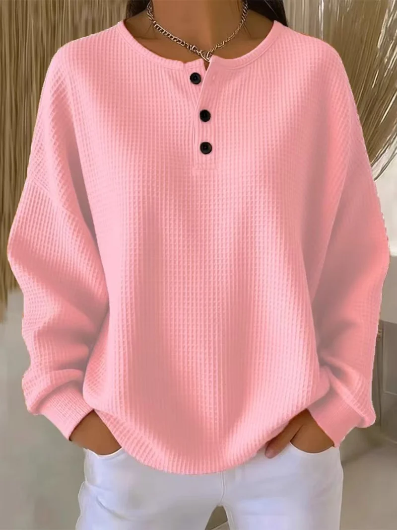Damen Waffelstrick-Henley-Longsleeve mit Knopfleiste und Oversize-Passform Nord Taschen