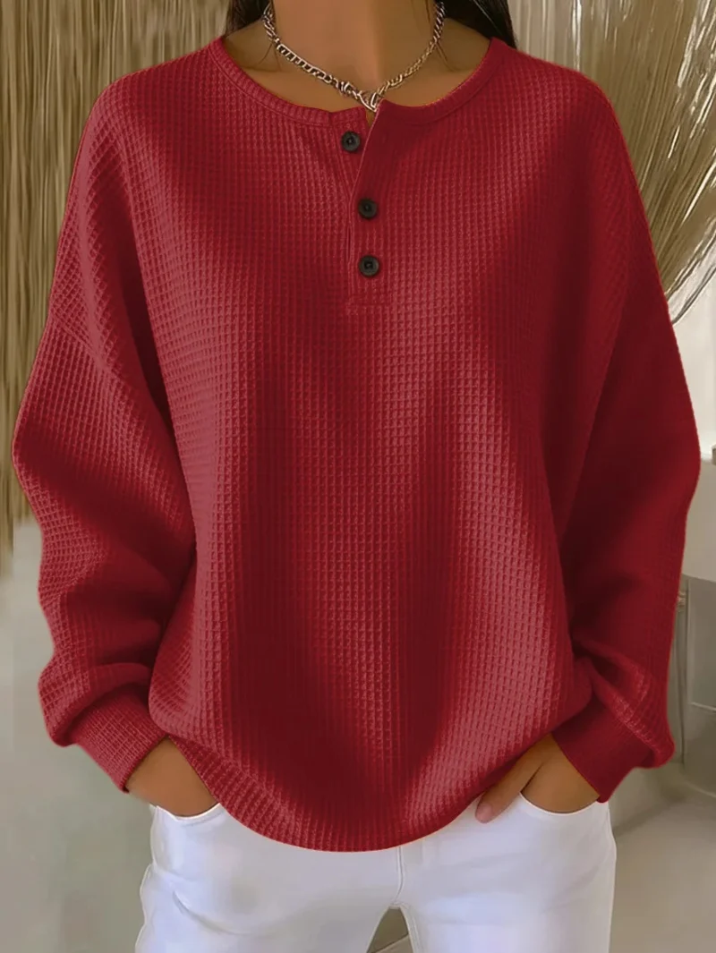 Damen Waffelstrick-Henley-Longsleeve mit Knopfleiste und Oversize-Passform Nord Taschen