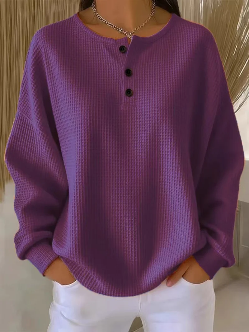 Damen Waffelstrick-Henley-Longsleeve mit Knopfleiste und Oversize-Passform Nord Taschen