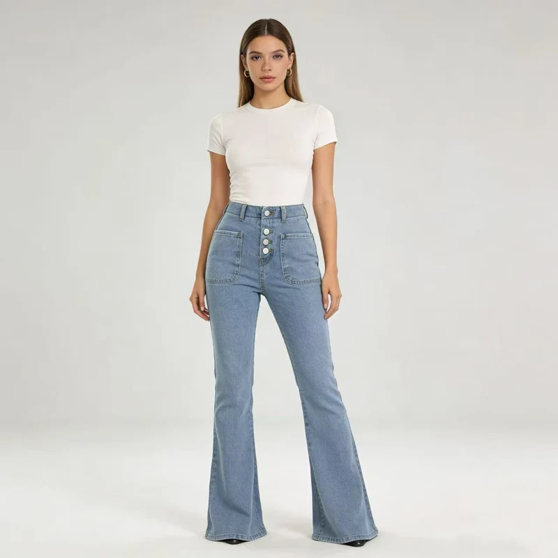 Damen Bootcut-Jeans mit hohem Bund und knöpfbarem Verschluss Nord Taschen