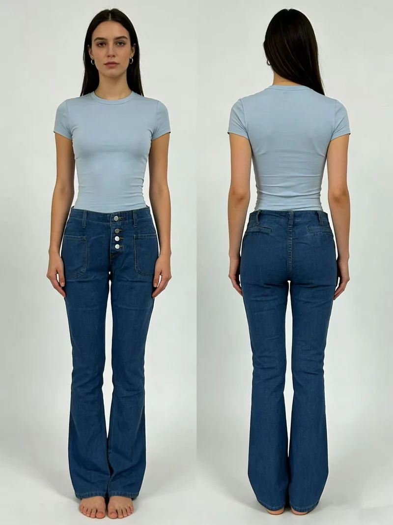 Damen Bootcut-Jeans mit hohem Bund und knöpfbarem Verschluss Nord Taschen