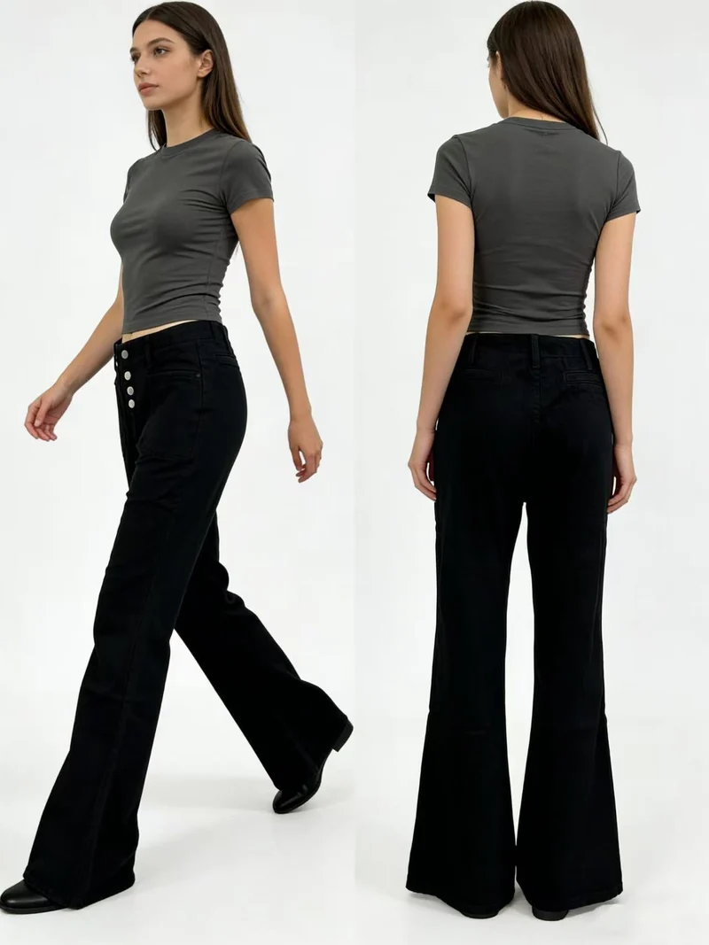 Damen Bootcut-Jeans mit hohem Bund und knöpfbarem Verschluss Nord Taschen
