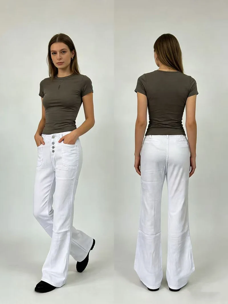 Damen Bootcut-Jeans mit hohem Bund und knöpfbarem Verschluss Nord Taschen